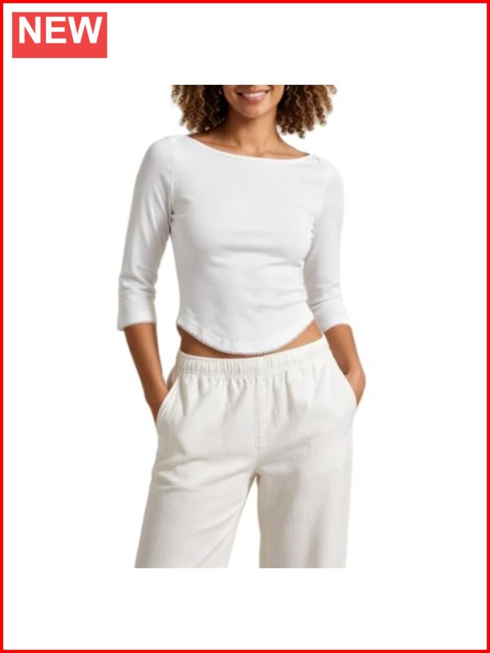 Boat Neck 3/4 Sleeve Crop Top Slim Fit Cotton Y2K Tee